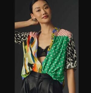 Maeve Anthropologie Paz Contrast Print Button Down Blouse Patchwork Mixed XS